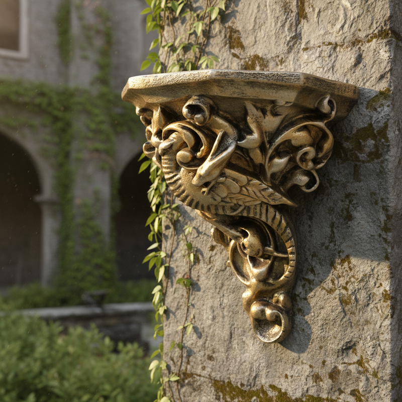 Ornate wall shelf with a Baroque dragon motif, featuring intricate scrollwork and old world European decorative details. Side Angle
