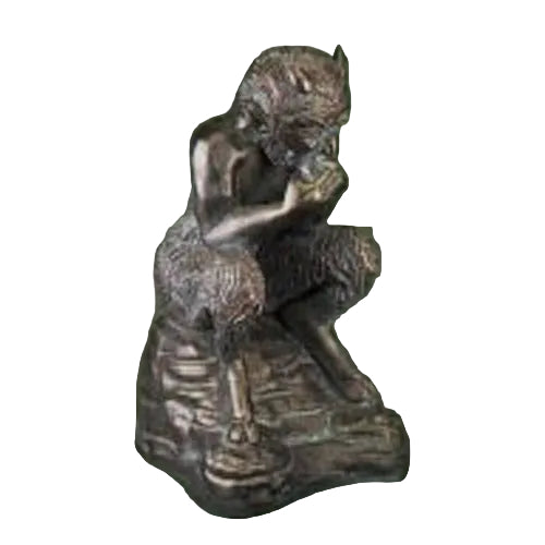 Satyr figurine in a thoughtful pose, featuring ornate old world European and classical details with a mythological theme.