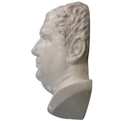 Classical Greco-Roman style bust with detailed facial features and curly hair, evoking Renaissance and old world European artistry. Side Angle