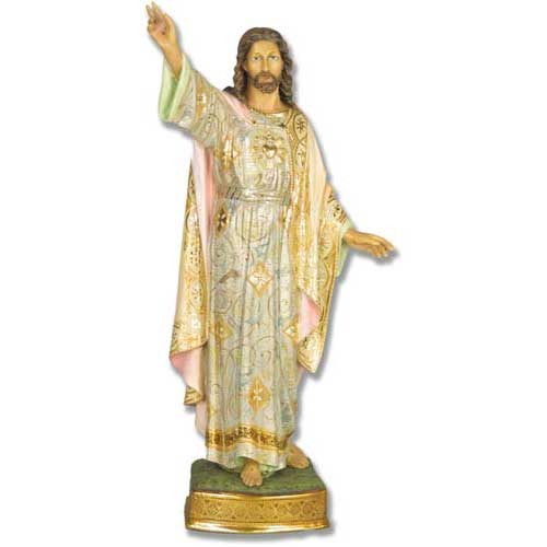 Jesus statue in ornate, old world European style with classical robes, intricate Baroque patterns, and raised hand gesture. Side View