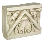 Architectural block with ornate old world European leaf motifs and classical triangular pediment in a Renaissance style. Side View