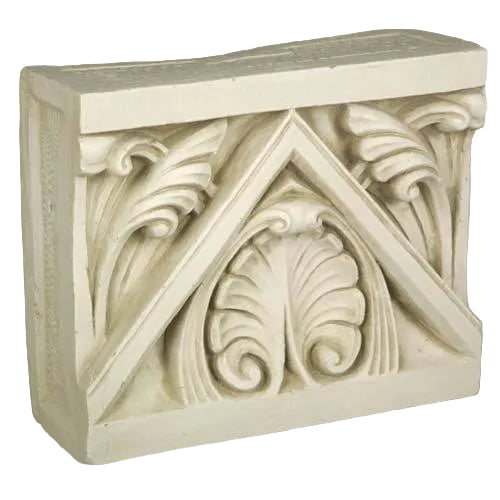 Architectural block with ornate old world European leaf motifs and classical triangular pediment in a Renaissance style. Side View