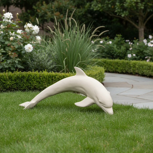 Dolphin sculpture with smooth, classical lines and subtle old world European influence in a graceful, arched swimming pose. Side Angle