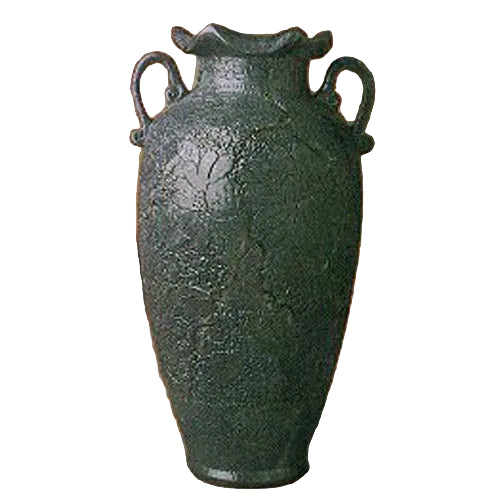 Ornate old world European vase with classical silhouette, twin curved handles, and textured, crackled surface detailing.