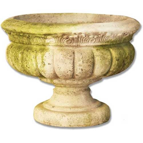 Ornate old world European urn planter with classical fluted bowl, Baroque detailing, and weathered, antique finish.