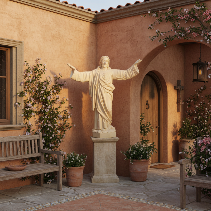Jesus statue with outstretched arms in classical old world European style, featuring ornate drapery and detailed facial features. Side Angle