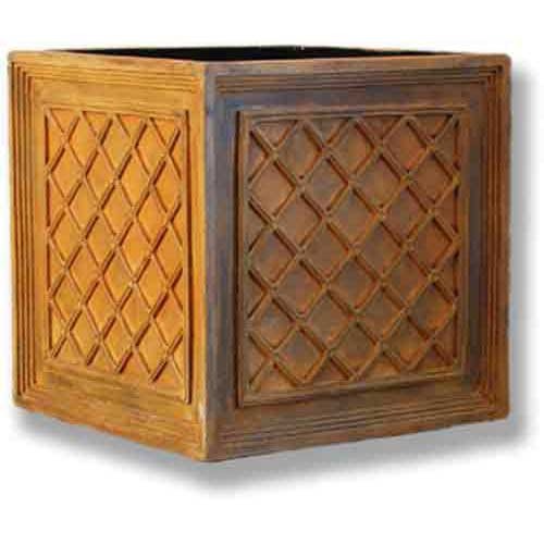 Square planter with ornate lattice pattern, classical old world European style, featuring raised geometric detailing on each panel.