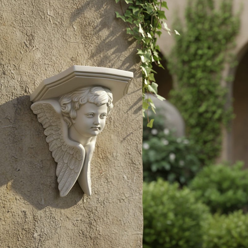 Cherub wall sconce with classical Baroque styling, featuring ornate angelic face and detailed feathered wings. Side Angle