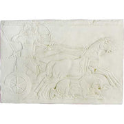 Ancient Greek bas-relief depicting a warrior in a chariot with ornate classical detailing and dynamic horse figures. Side View