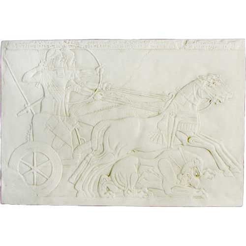 Ancient Greek bas-relief depicting a warrior in a chariot with ornate classical detailing and dynamic horse figures. Side View
