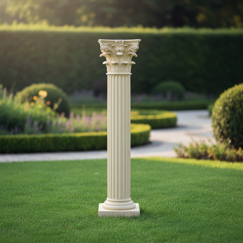 Corinthian column pedestal with ornate acanthus leaf capital, fluted shaft, and classical old world European architectural style. Side Angle