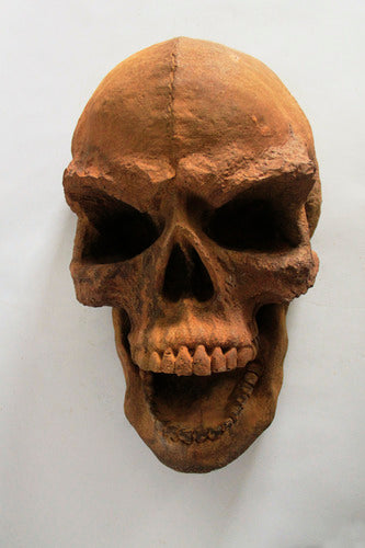 Baroque-style human skull with ornate, weathered detailing and classical old world European sculptural features.