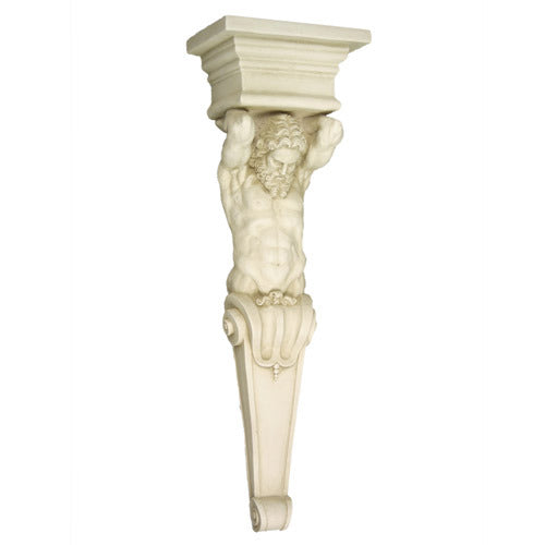 Atlante classical wall bracket featuring a muscular male figure in an ornate, old world European Baroque architectural style.
