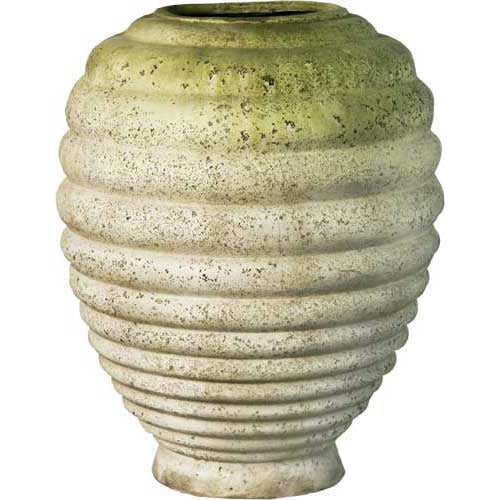 Ornate old world European urn with ribbed, rounded body and weathered, classical design reminiscent of ancient Mediterranean pottery.