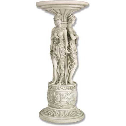 Classical pedestal table featuring three ornate, draped female figures in an old world European, Renaissance-inspired design. Side View