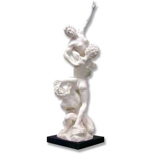 Baroque-style sculpture depicting three intertwined classical figures in a dramatic, dynamic pose on a square pedestal base.