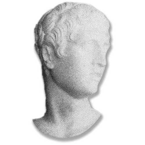 Classical Greek-style bust with detailed, wavy hair and serene facial expression, evoking Renaissance and old world European art.