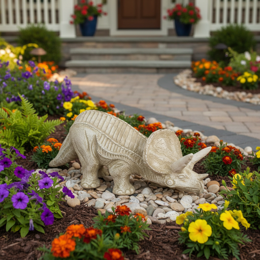 Triceratops sculpture with ornate, textured detailing and classical old world European style accents. Side Angle