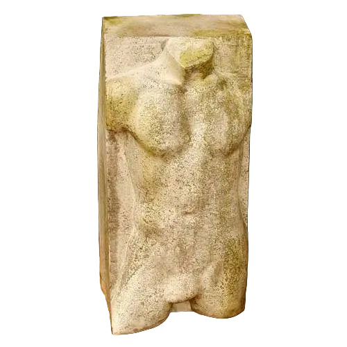 Classical Greek-style male torso sculpture with ornate, weathered detailing and a headless, armless design on a rectangular base.