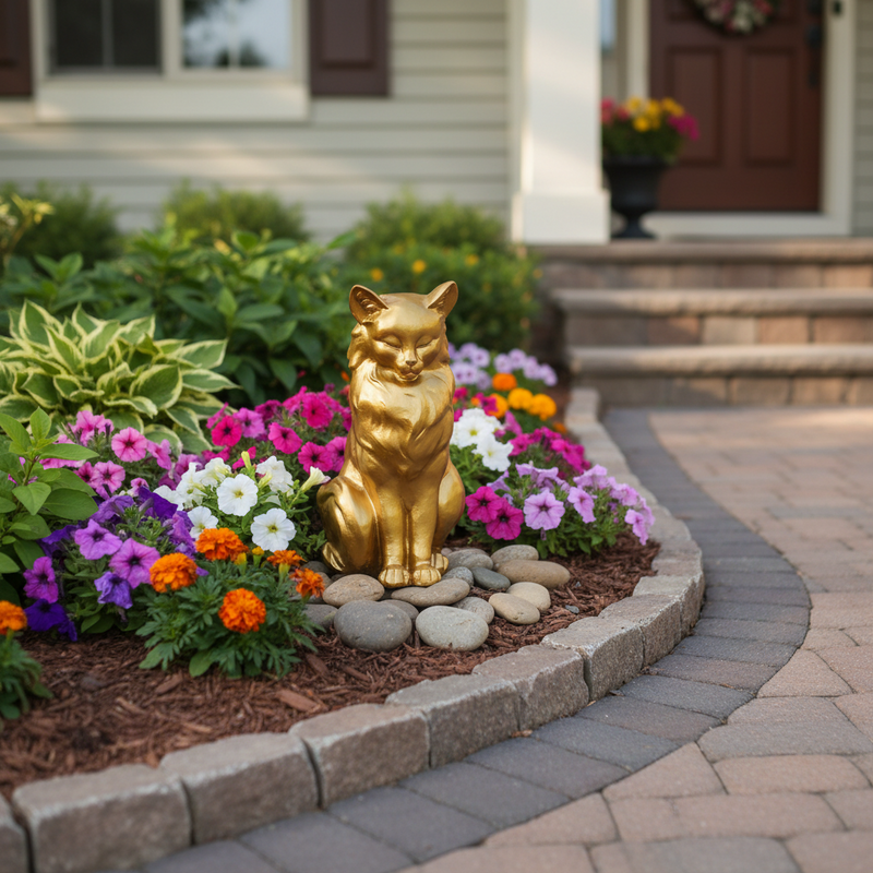 Regal cat figurine with classical old world European style, featuring ornate detailing and a poised, elegant posture. Side Angle