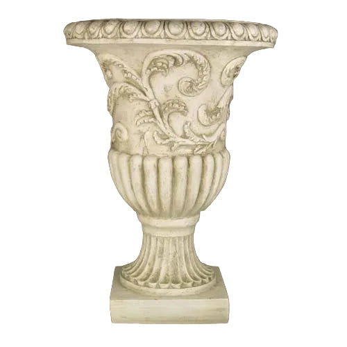 Ornate classical urn with fluted base and intricate Baroque scrollwork, featuring old world European decorative detailing.
