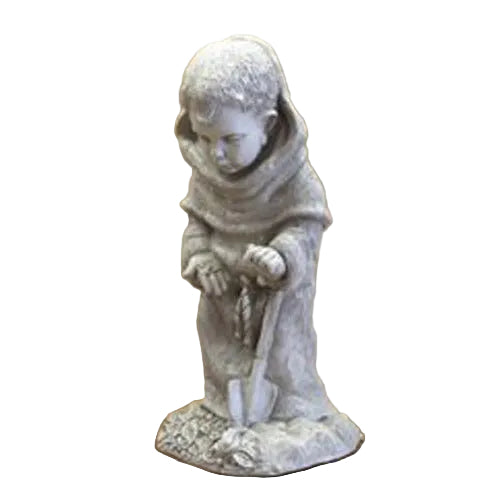 Monk statue in medieval robe holding a spade, featuring old world European and Gothic-inspired ornate detailing.
