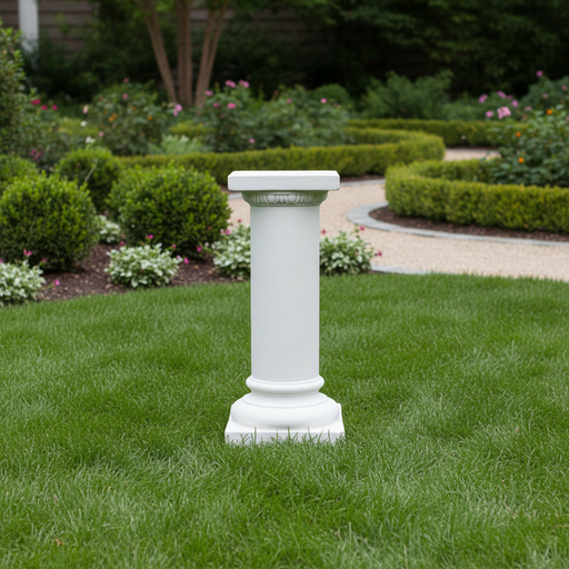 Classical Greek column pedestal with fluted shaft, ornate capital, and square base in an old world European architectural style. Side Angle
