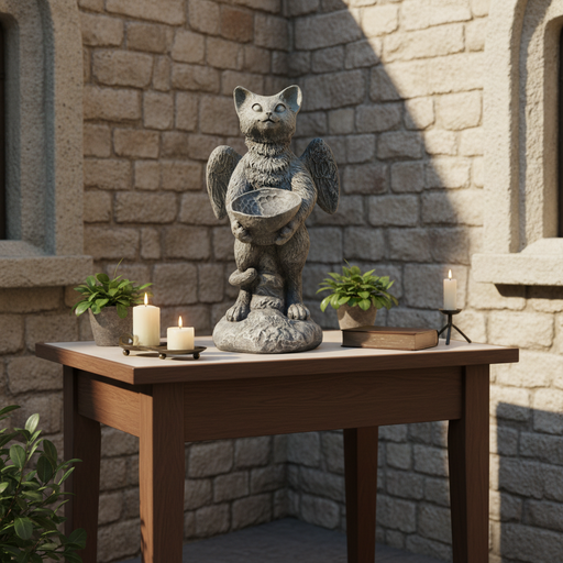 Winged cat statue with ornate detailing, classical old world European style, holding a shallow bowl, standing on a textured base. Side Angle