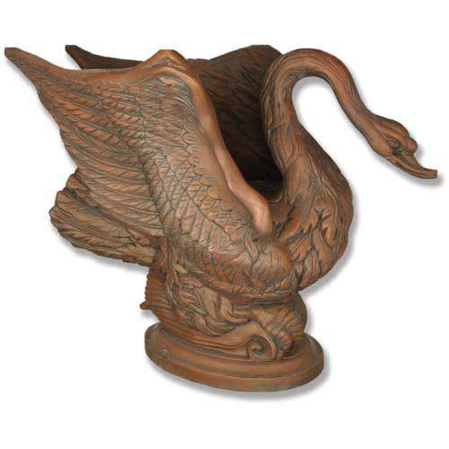 Swan-shaped planter with ornate, old world European detailing and classical sculptural lines in a dramatic, Baroque-inspired pose. Side View