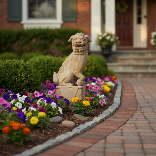 Foo dog statue with ornate, classical detailing, seated on a square pedestal in an old world European style. Side Angle