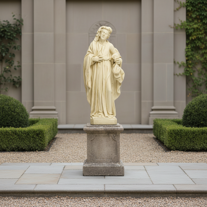 Baroque-style classical female figure draped in flowing robes, standing with a serene expression and ornate detailing. Side Angle