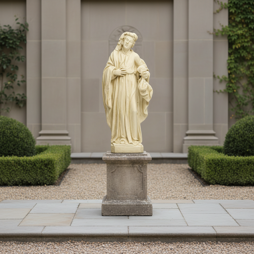 Baroque-style classical female figure draped in flowing robes, standing with a serene expression and ornate detailing. Side Angle
