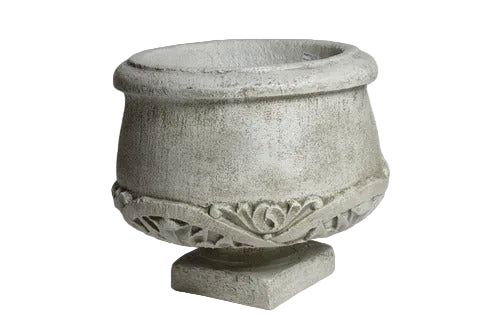 Ornate old world European planter with classical carved scrollwork and pedestal base, featuring a rounded bowl shape. Side View