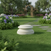 Classical round pedestal base with layered, ornate molding in an old world European architectural style. Side Angle