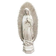 Virgin Mary statue in classical old world European style, ornate halo backdrop, hands in prayer, flowing robes, Renaissance influence Side View