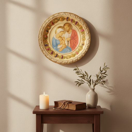 Holy family in classical Renaissance style, ornate round plate with intricate border and grapevine motif, old world European theme Side Angle