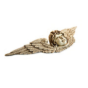 Winged cherub face with ornate, detailed feathers in a classical Baroque style, evoking old world European architecture. Different Angle