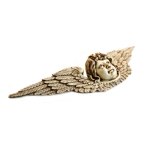 Winged cherub face with ornate, detailed feathers in a classical Baroque style, evoking old world European architecture. Different Angle