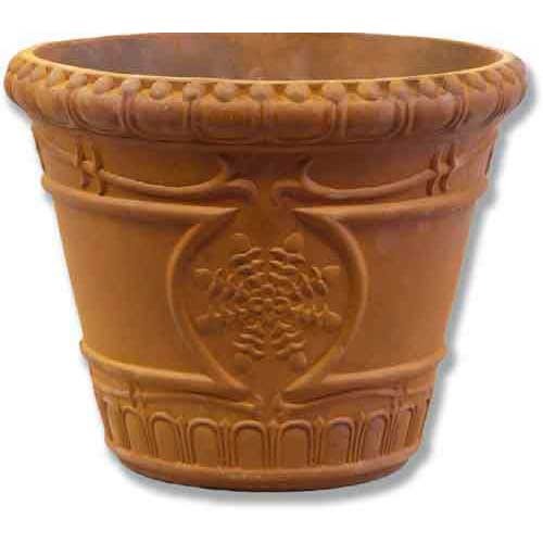 Ornate planter with classical old world European motifs, featuring embossed floral medallion and decorative rim detailing.
