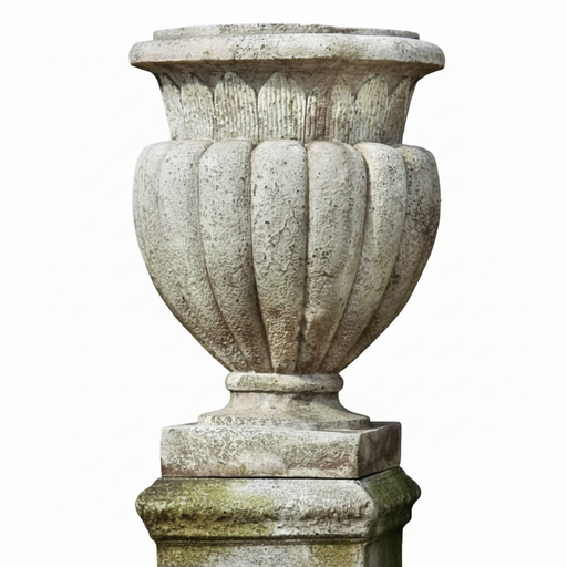 Ornate classical urn planter with fluted Baroque detailing on a square pedestal, evoking old world European garden style.