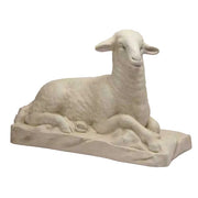 Resting lamb sculpture with classical European style, featuring gentle curves and subtle ornate detailing on a textured base.
