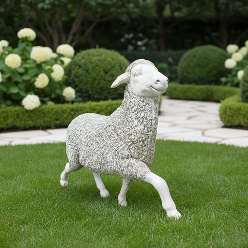 Baroque-style sheep sculpture with ornate, detailed wool texture and classical, lifelike pose reminiscent of old world European art. Side Angle