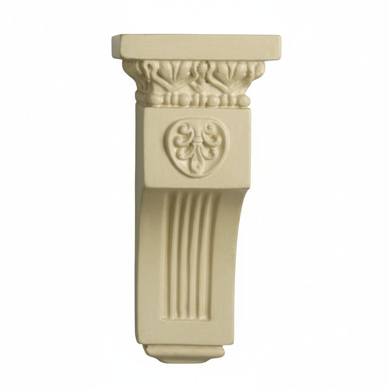 Ornate classical corbel with fluted shaft, acanthus leaf detailing, and Baroque-inspired scrollwork in old world European style.