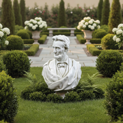 Classical old world European style bust of a bearded man in ornate draped attire with detailed facial features and textured hair. Side Angle