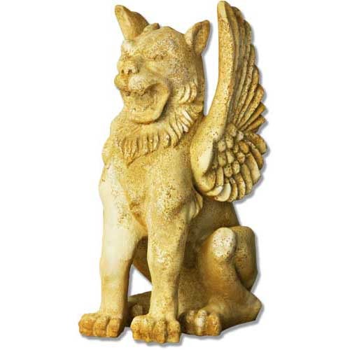 Winged griffin statue with ornate detailing, classical old world European style, featuring a fierce expression and upright posture.