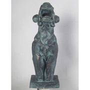 Gothic-style ornate gargoyle statue with open mouth, upright posture, and classical old world European detailing on a square base. Different Angle