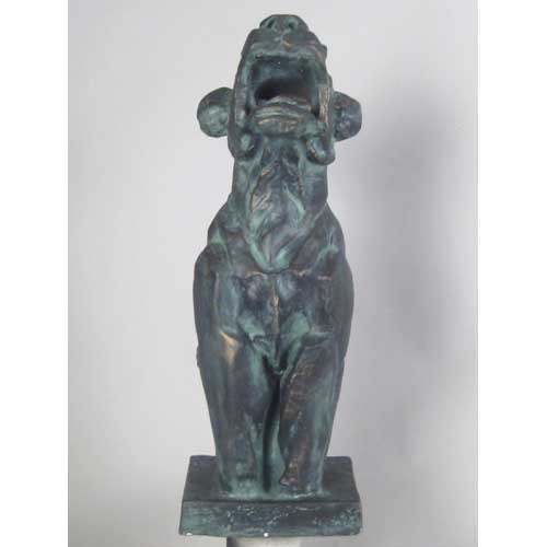 Gothic-style ornate gargoyle statue with open mouth, upright posture, and classical old world European detailing on a square base. Different Angle