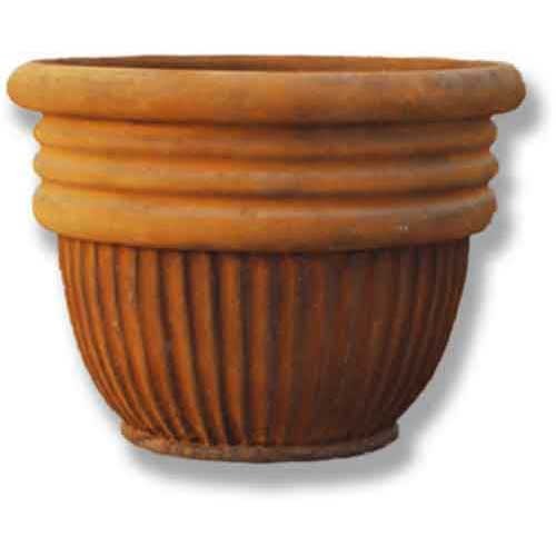 Ornate old world European planter with classical ribbed lower half and rounded, fluted upper rim in a traditional style.