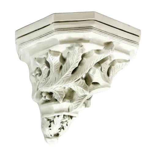 Ornate wall shelf with classical old world European design, featuring intricate acanthus leaf and scrollwork in Baroque style. Side View