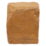 Ancient rectangular stone block with weathered inscriptions, featuring classical old world European architectural detailing. Side View
